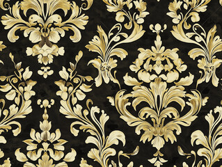 Ornate damask pattern in gold and black, combining classic elegance with intricate floral motifs, ideal for luxurious and opulent design projects.