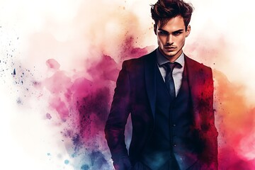 Fototapeta premium Portrait of a Man in a Suit with Watercolor Background.