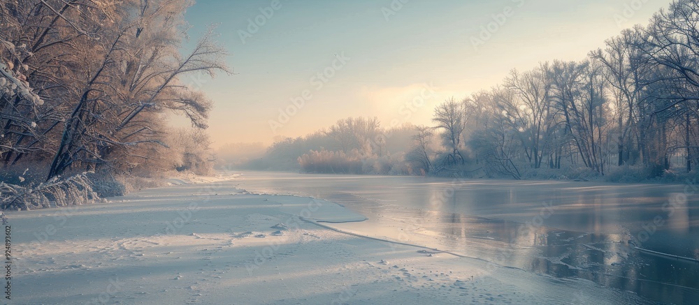 Poster frozen river with ice covering creating a serene copy space image