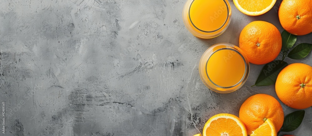 Poster Overhead view of fresh oranges on a gray background with a glass of orange juice allowing for copy space image