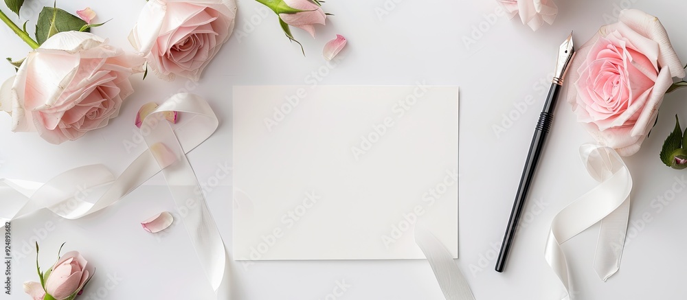 Poster a mockup featuring a postcard pink roses ink pen ink and ribbon on a white background with copy spac