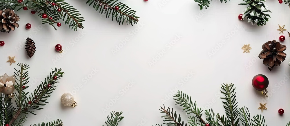Leinwandbilder top view flatlay of a christmas themed background featuring fir tree branches pine cones and decorat