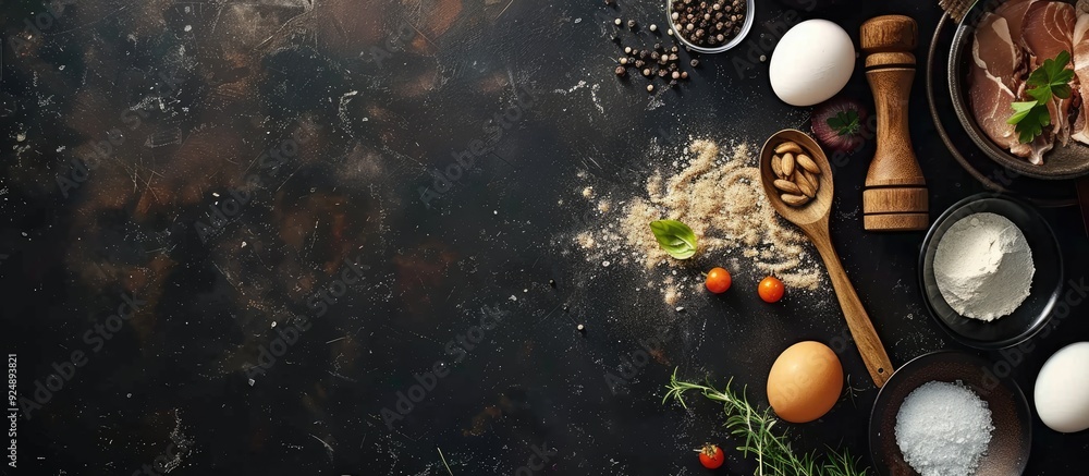 Fototapete top view of a recipe template with black background offering space for additional images or text