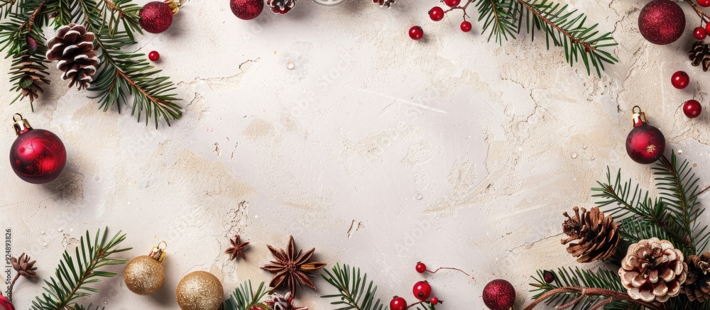 Poster top view of a festive christmas themed grunge background with decorations like fir twigs berries bau