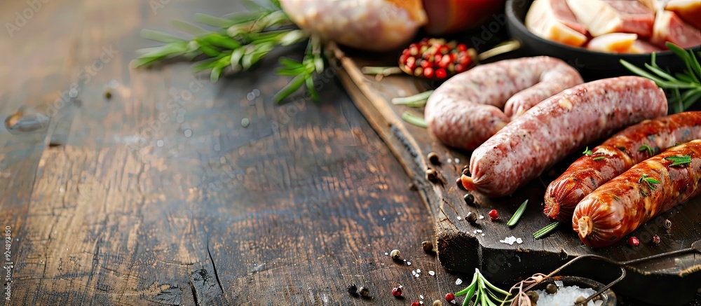 Poster A tempting and nutritious fresh meat product such as sausages made of chicken or pork as an appetizing and healthy meal or snack beautifully arranged on a rustic table with copy space image in the ba