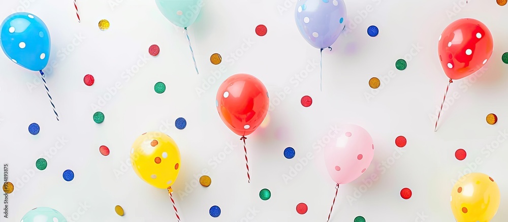 Fototapete Top view pattern of a birthday party concept on a white background with copy space image included