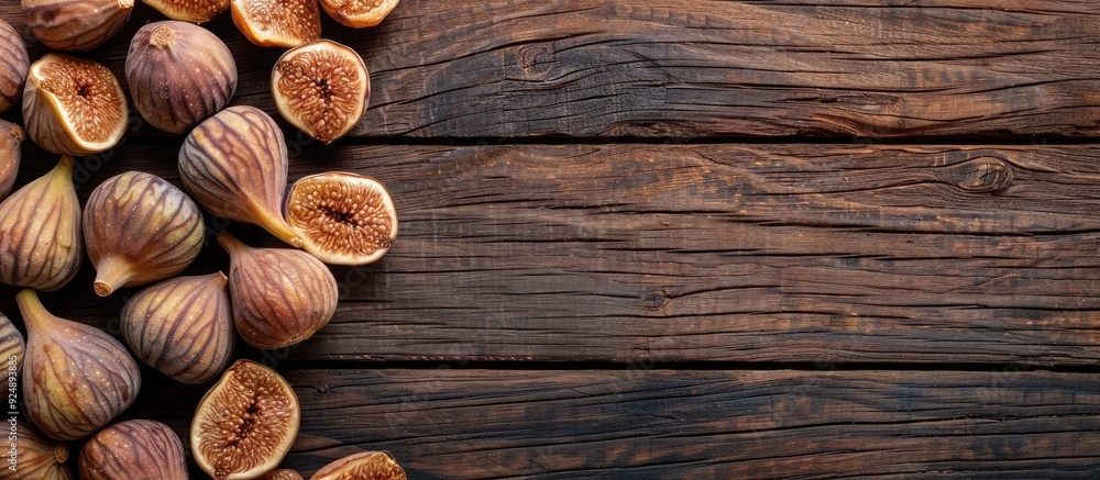 Poster dried figs arranged beautifully on a rustic wooden table with a vast copy space image