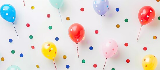 Top view pattern of a birthday party concept on a white background with copy space image included