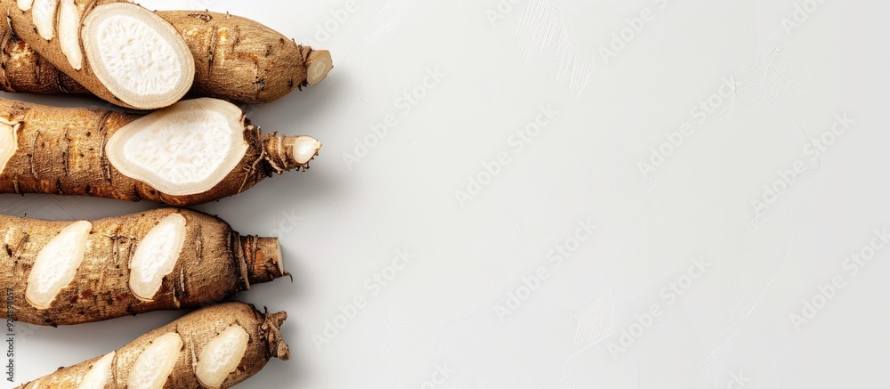 Poster White background with Chinese yam creating space for image. Creative banner. Copyspace image