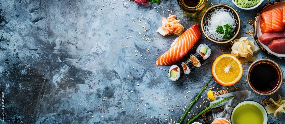 Poster preparing sushi with fresh ingredients including raw fish with a blank space for an image. creative 