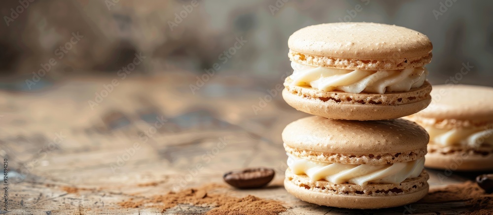 Poster selective focus on traditional beige macaroons filled with white cream against a coffee background i