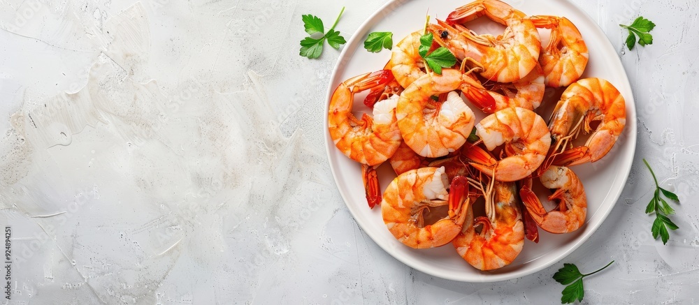 Poster fresh and healthy shrimp displayed on a plate over a light background in a top view copy space image
