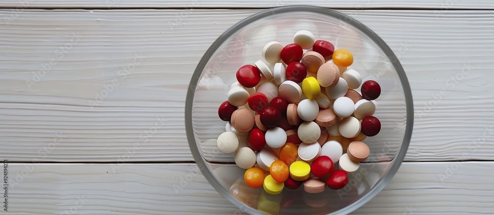 Poster glass dish with sugar coated pills placed on a white wooden surface creating a visually appealing co