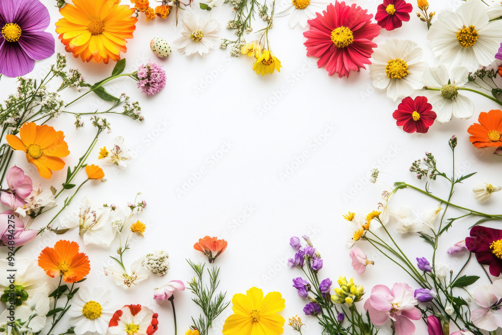 Aufkleber a frame of vibrant flowers on a white background with ample space for a greeting card.