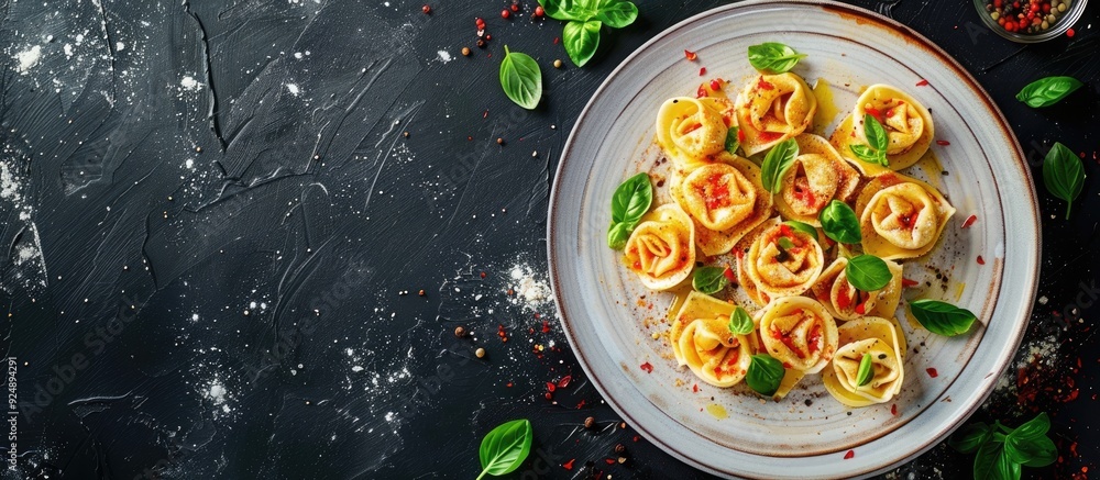 Poster menu featuring tortellini filled with a food background viewed from the top with copy space image