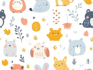 Obraz premium Cute seamless pattern with adorable forest animals like owls, bears, and rabbits. Autumn leaves and delicate plants are scattered across a light background.