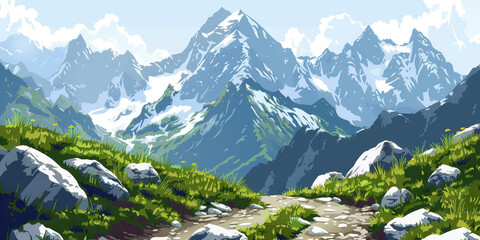 Mountain Majesty: Grand Peaks and Alpine Vistas - Imagine a background featuring towering mountain peaks, sweeping alpine vistas, and rocky trails, ideal for inspiring a mountainous adventure