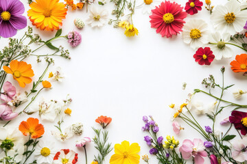 A frame of vibrant flowers on a white background with ample space for a greeting card.