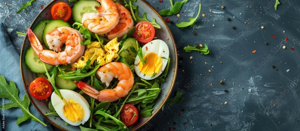Aufkleber salmon and shrimp salad with tomatoes cucumbers arugula eggs and avocado suitable for ketogenic and 
