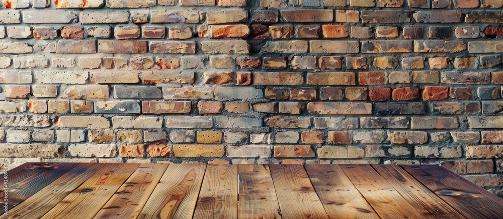 Aufkleber copy space image with a wooden table on a cafe backdrop against a brick wall