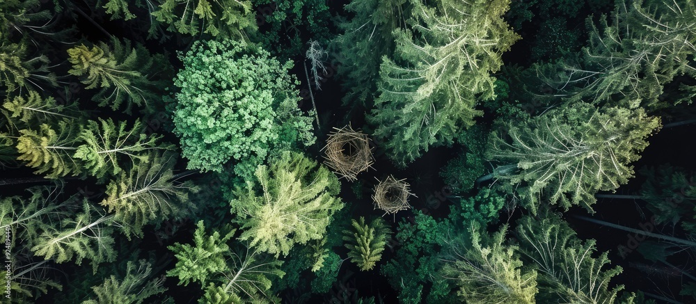 Fototapete top view of forests with osprey nests captured in a compelling copy space image