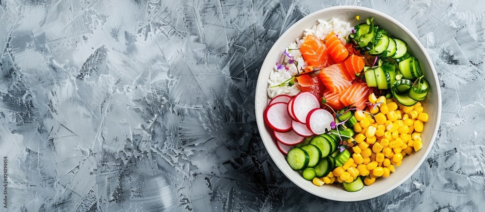 Poster top view of a hawaiian poke or buddha bowl featuring salmon rice cucumber corn radish and avocado on