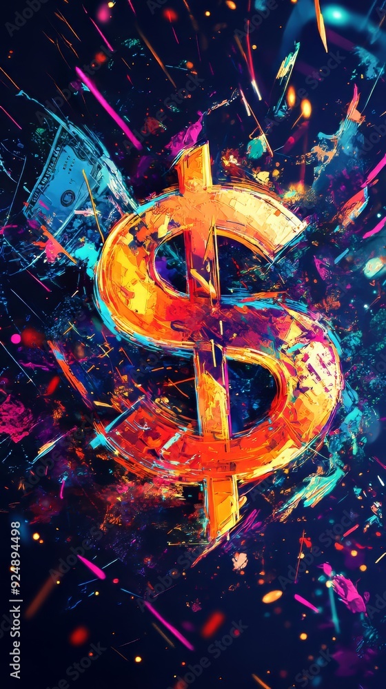 Poster dollar sign exploding in colorful splashes and dollar bills