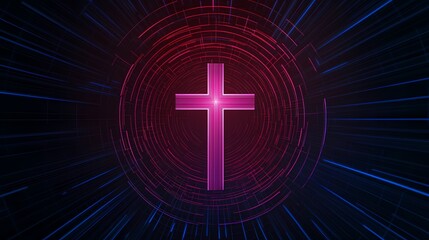 Obraz premium A vibrant digital cross surrounded by dynamic light trails, representing faith, spirituality, and modern religious themes.