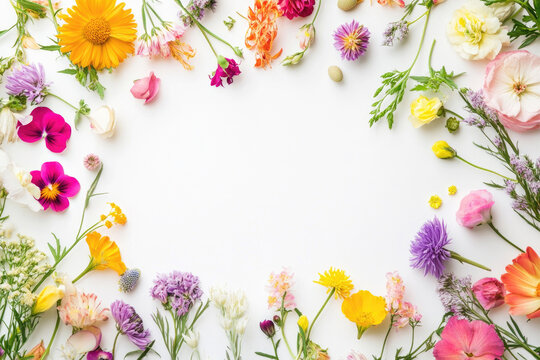 A frame of vibrant flowers on a white background with ample space for a greeting card.