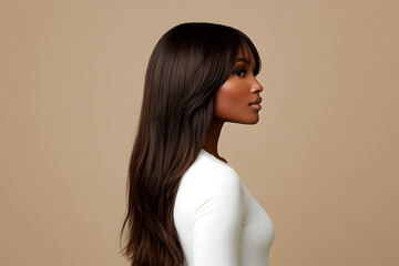 A profile view of a beautiful woman with layered hair and bangs against a plain background