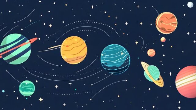 Vector flat illustration of the solar system with all planets and rings, in a cartoon style.