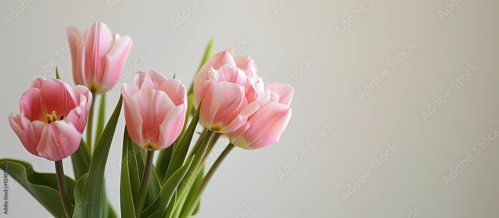 Aufkleber pink tulips in a vase against a white backdrop with copy space image
