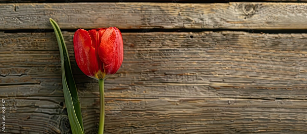 Fototapete top view of a red tulip on a rustic wooden table with a clear area for additional content or imagery