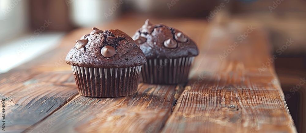 Poster Selective focus on a wooden table showcasing two dark chocolate muffins with ample copy space in the image