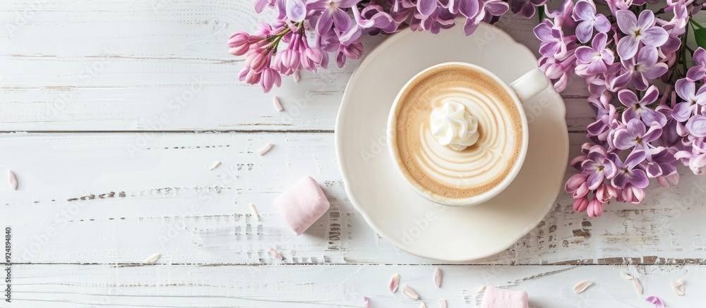 Aufkleber romantic morning vibes captured in a flat lay arrangement showcasing a lilac a latte art adorned cof