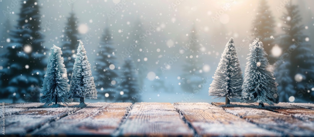 Leinwandbilder winter landscape with snowy fir trees on a wooden table top creating a festive merry christmas and h