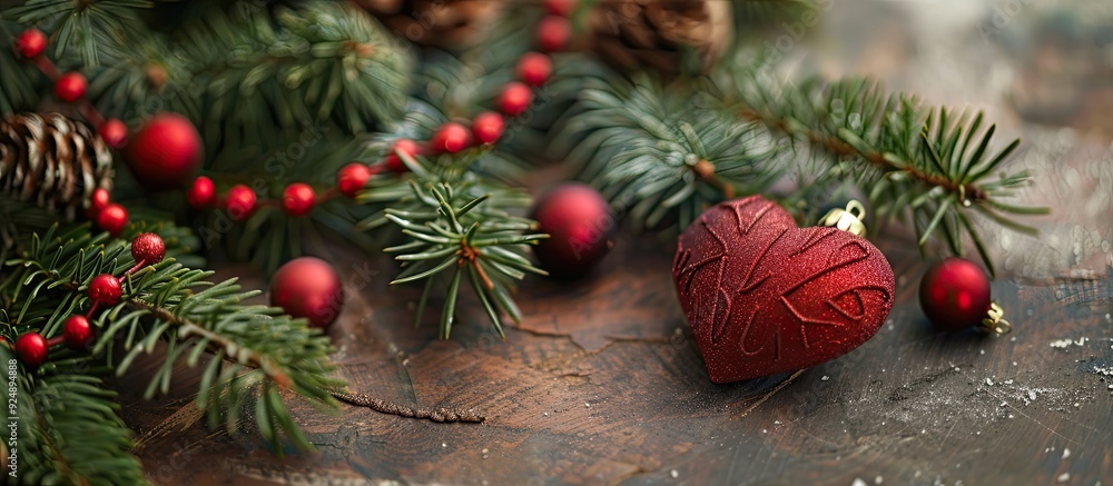 Fototapete a rustic heart and christmas tree baubles on a background featuring a copy space image