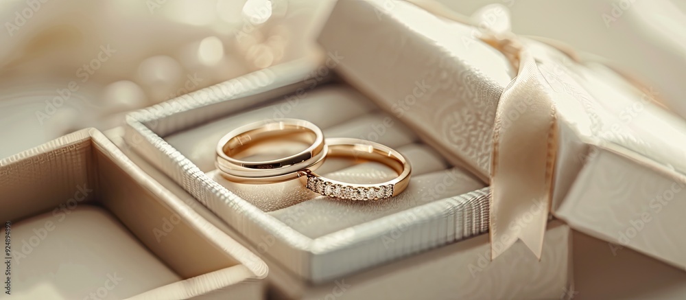 Poster gold and white gold wedding rings for bride and groom displayed in boxes on a light background with 