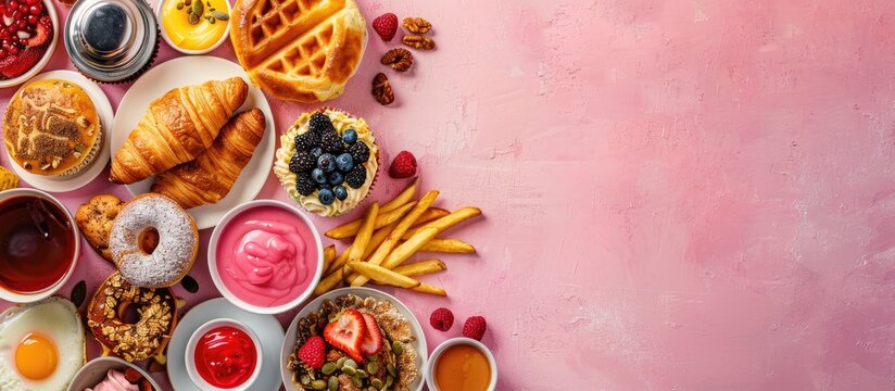 A pink background image featuring a Valentine s Day brunch menu with a variety of breakfast and lunch items like waffles croissants muffins donuts berries fries scrambled eggs and pancakes Include co - Powered by Adobe