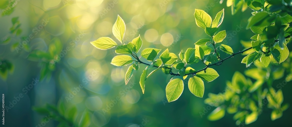 Poster fresh green leaves budding in the woodland during spring with copy space image
