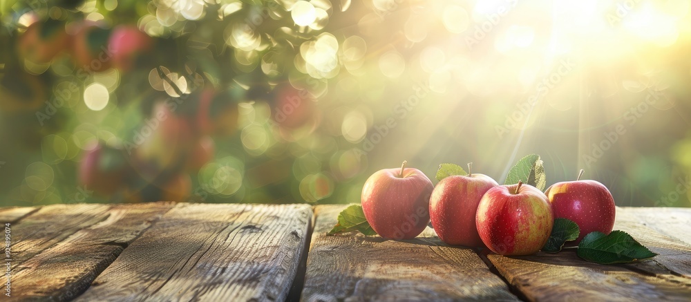 Leinwandbilder Summer themed copy space image featuring apples on a rustic wooden table with a blurry bokeh background