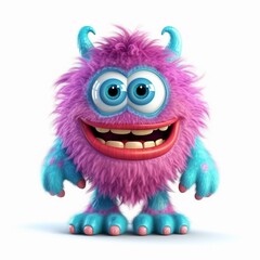 Colorful cartoon monster with fluffy purple and blue fur, large eyes, and a cheerful expression stands against a white background