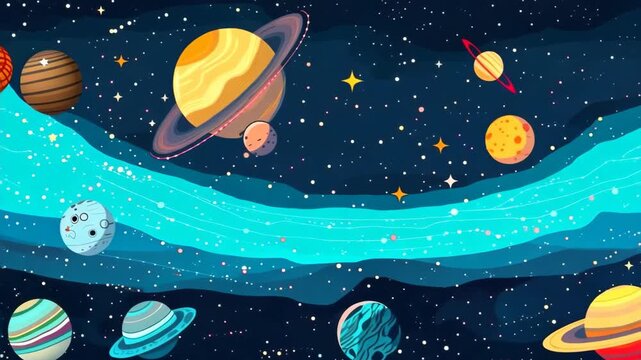 Vector flat illustration of the solar system with all planets and rings, in a cartoon style.