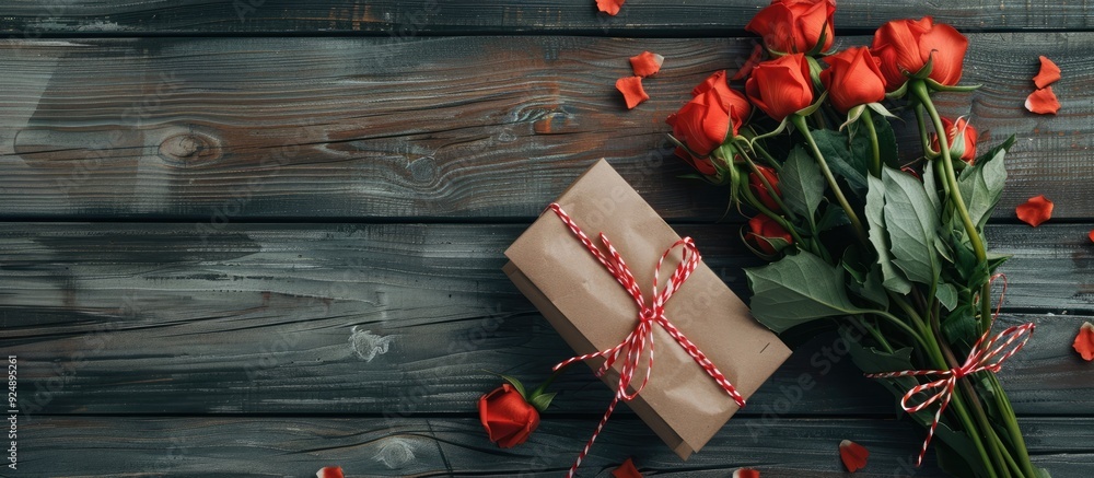 Poster Father s Day concept portrayed with an exquisite table arrangement and a greeting card set on a dark wooden backdrop allowing for a copy space image