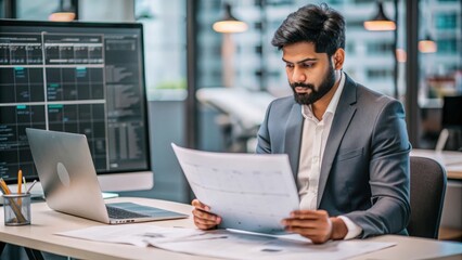 "Indian IT Project Manager Reviewing Plans" – An Indian IT project manager reviewing project plans and timelines in an office.
