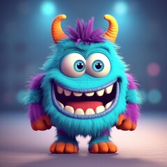 A colorful fluffy monster with blue fur and purple accents smiles happily in a vibrant, well-lit environment