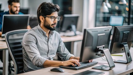 "Indian Male Software Developer at Desk" &ndash; An Indian male software developer working diligently at his desk with multiple monitors.
