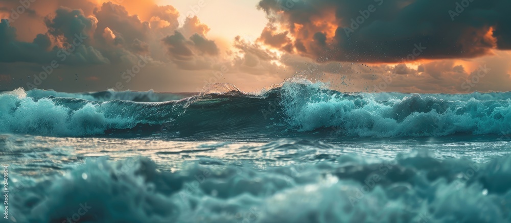 Poster Scenic seascape at dusk with waves crashing under a beautiful cloudy sky Ideal for travel and tourism themes with a nature inspired copy space image for wallpaper design