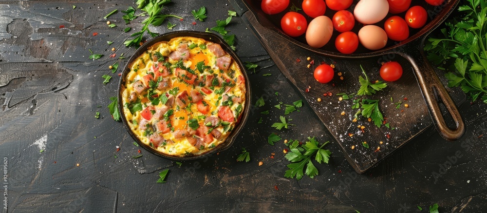 Poster Minced pork mixed with eggs and fresh tomatoes in an appetizing omelette Ample copy space for text or graphics