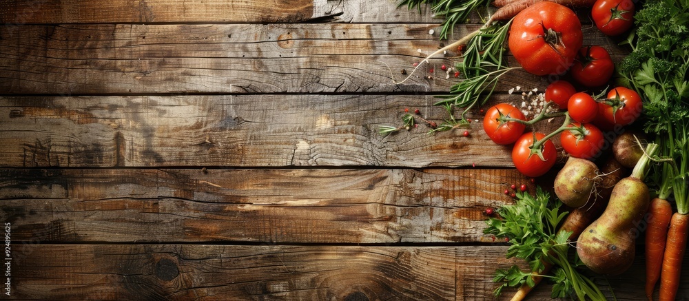 Poster Vegetables fresh for cooking displayed on a rustic wooden table in a copy space image
